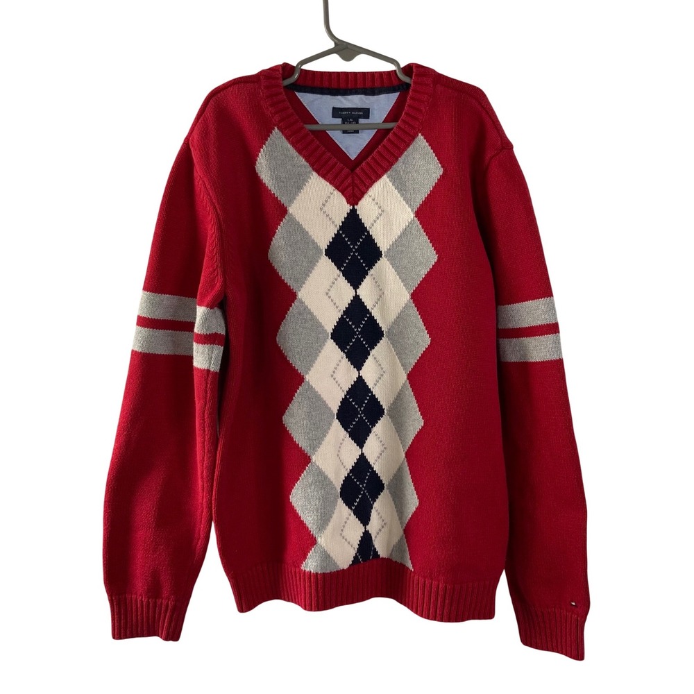 Tommy Hilfiger Boys‎ Red Argyle V-Neck Cotton Sweater Large 16/18